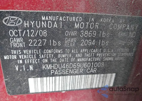 2009 Hyundai Elantra Gls from USA, damaged, VIN KMHDU46D69U601003
